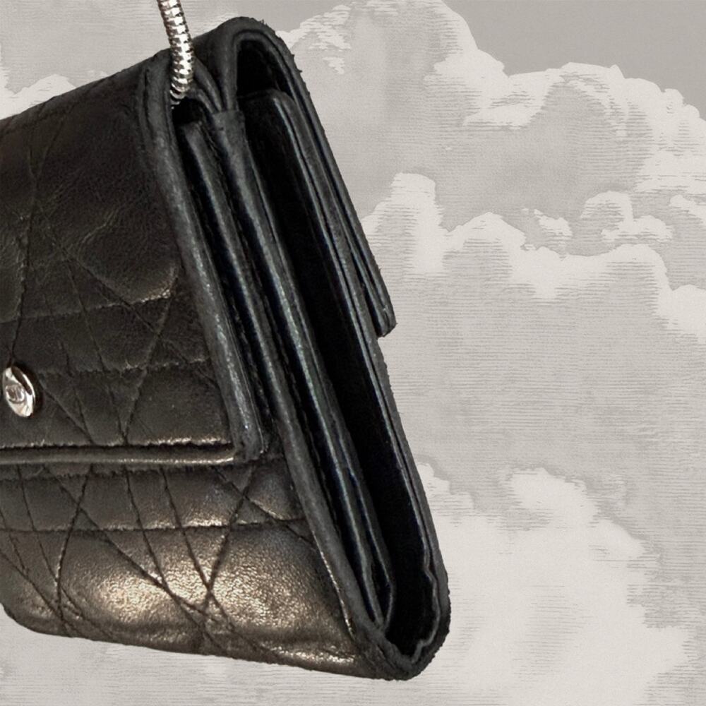 CHRISTIAN DIOR Cannage Wallet & silver Logo Charm Black Leather FREE CHAIN - Picture 5 of 15